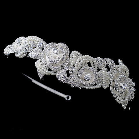 Silver Flower Leaf Bridal Wedding Side Headband with Rhinestones & Ivory Pearls