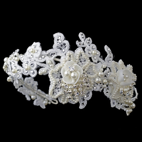 Silver Ivory Lace Floral Bridal Wedding Side Headband with Pearls & Rhinestones