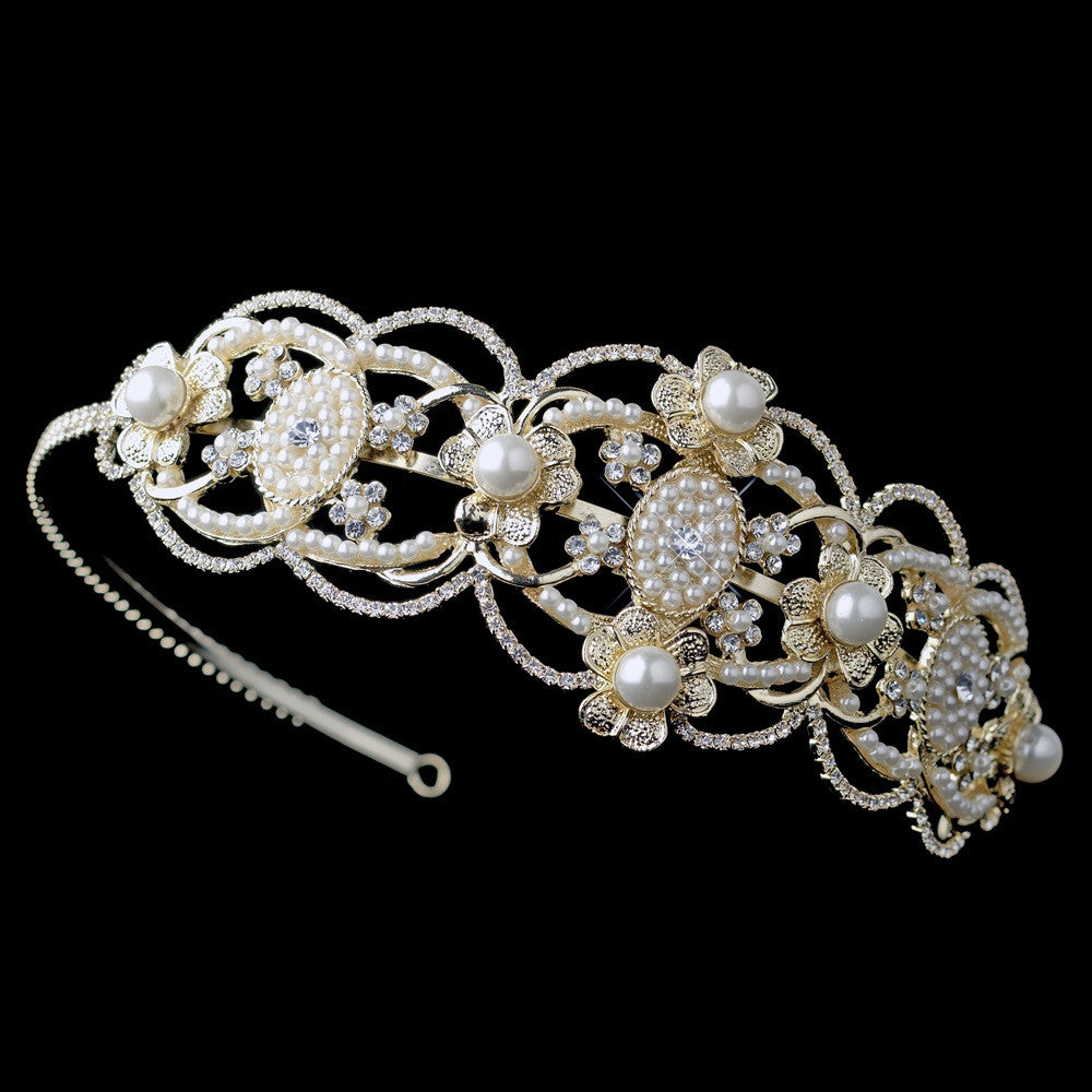 Gold Ivory Pearl Great Gatsby Bridal Wedding Side Headband