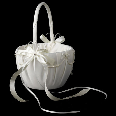 Lace Ribbon & Sheer Organza Flower girl Basket w/ Rhinestone & Pearl Accents