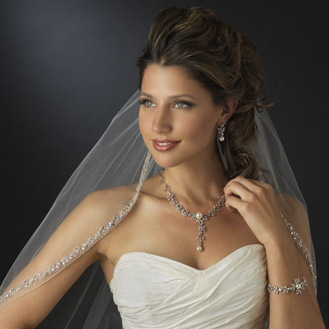 Silver Clear Marquise Round CZ Crystal & Ivory Glass Pearl Bridal Wedding Clasp Bridal Wedding Bracelet 9955