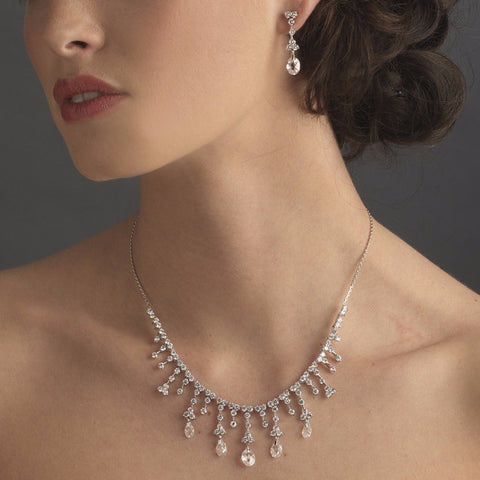 Silver Amethyst CZ Crystal Dangle Bridal Wedding Necklace 3628