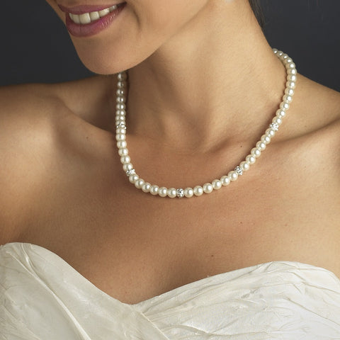 Silver Diamond White Pearl Pave Ball Bridal Wedding Necklace 8762