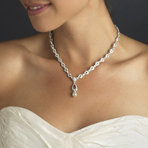Silver Ivory Pearl & Clear CZ Stone Chain Bridal Wedding Necklace 8763
