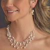 Silver Silk White Pearl Clear Crystal Bridal Wedding Necklace Earring Set 7829