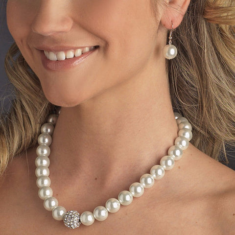 Silver Clear Crystal and Pearl Bridal Wedding Necklace Earring Set 8545 (White or Ivory)