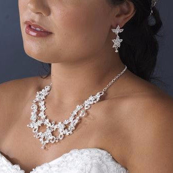 * Statement Bridal Wedding Necklace Earring Set 1013 Silver Clear