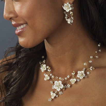 Beautiful Gold, Crystal, Porcelain & Pearl Bridal Wedding Jewelry Set NE 1014