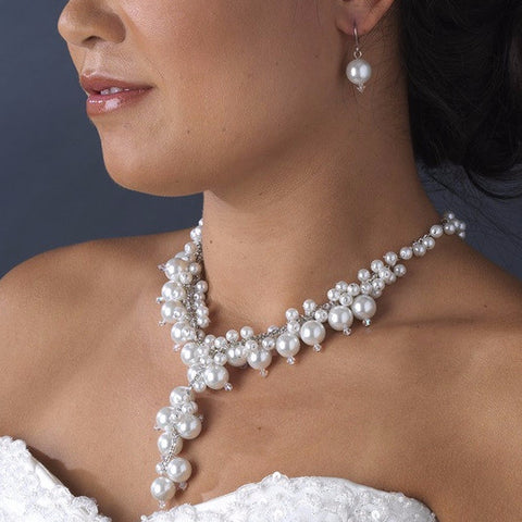 Silver Pearl Caterpillar Bridal Wedding Jewelry Set 1042