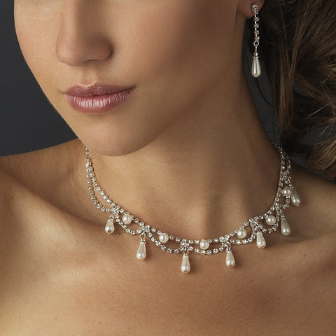 Silver White Pearl & Clear Rhinestone Bridal Wedding Jewelry Set 10914