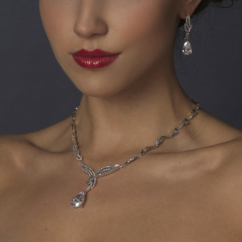 Silver Clear CZ Bridal Wedding Necklace & Earring Set 1292