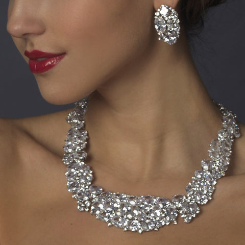 Silver Clear CZ Bridal Wedding Necklace Earring Set 1293