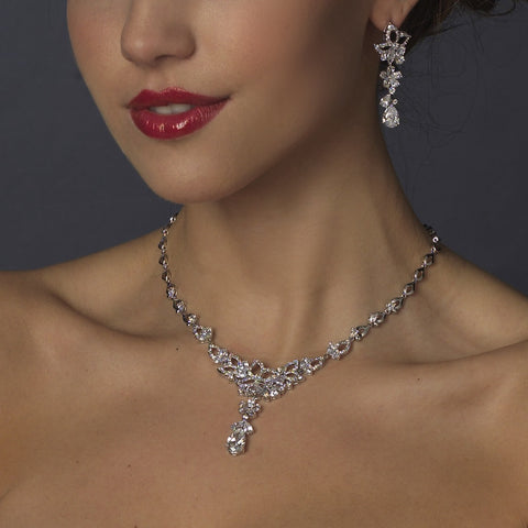 Silver Clear CZ Bridal Wedding Necklace & Earring Set 1296