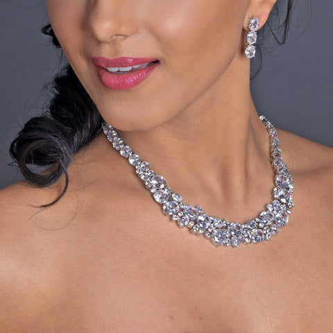Rhodium Clear Multi Cut CZ Crystal Bridal Wedding Jewelry Set 13044