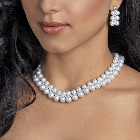 Rhodium White Pearl & CZ Bridal Wedding Jewelry Set 1314
