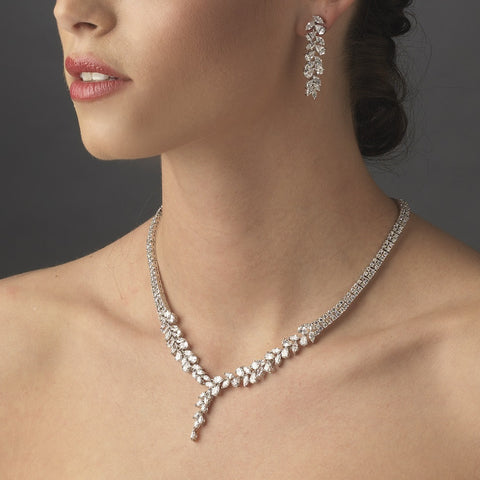 Intricate Cubic Zirconium Crystal Leaf Bridal Wedding Necklace & Earring Bridal Wedding Jewelry Set - NE 2584