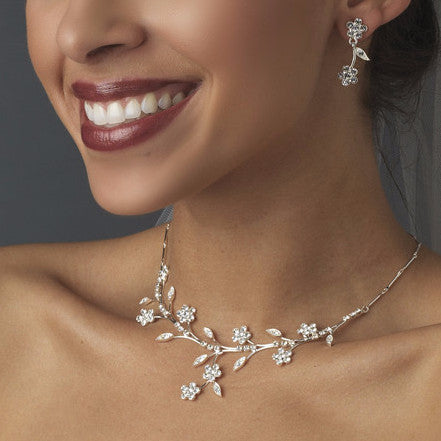Beautiful Floral Silver Bridal Wedding Jewelry Set NE 363