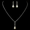 Antique Silver Diamond White Pearl & Drop Pear Clear CZ Crystal Necklace 2001 & Earrings Bridal Wedding Jewelry Set 3877