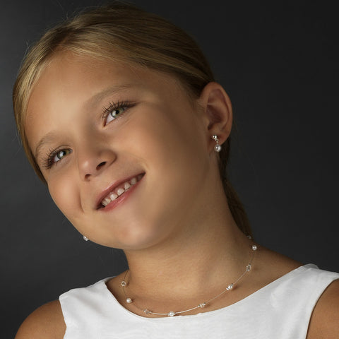 Lovely Children's Silver Pearl & Clear Crystal Bead Bridal Wedding Necklace & Earring Set 408