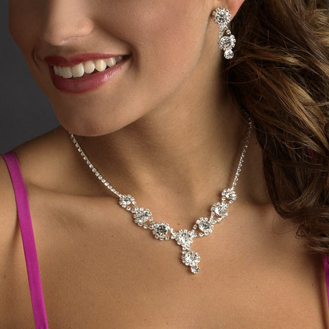 Silver Bridal Wedding Necklace & Earring Set with Navy Blue Crystals and Clear Rhinestones 4362