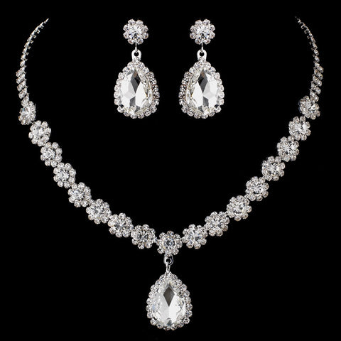 Silver Clear Rhinestone Gemstone Flower Bridal Wedding Jewelry Set