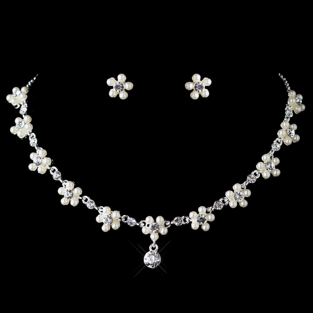 Dainty Silver White Pearl Rhinestone Flower Bridal Wedding Jewelry Set