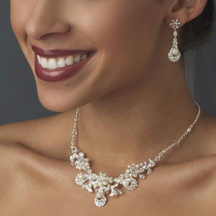 Ravishing Silver Clear Crystal & Freshwater Pearl Bridal Wedding Necklace & Earring Set 6291