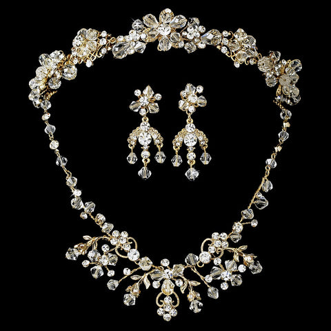 Gold Clear Swarovski Crystal Jewelry 6317 & Bridal Wedding Headband 7820 Set
