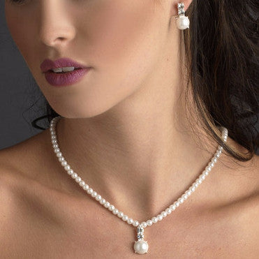 Gorgeous Children's Silver Clear Rhinestone & White Pearl Bridal Wedding Necklace & Earring Set 6564