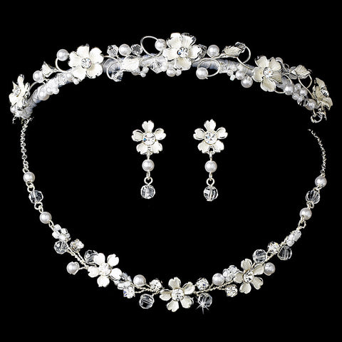 Fabulous Silver Clear Crystal & White Pearl Flower Jewelry 6878 & Bridal Wedding Headband 7877 Set