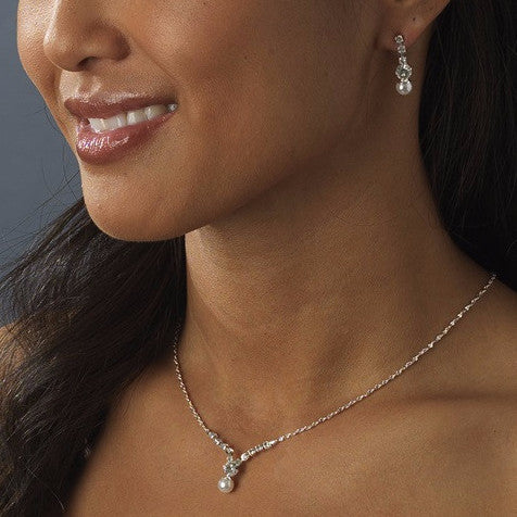 Dainty Pearl & Rhinestone Bridal Wedding Jewelry Set NE 71886 (Silver or Gold)