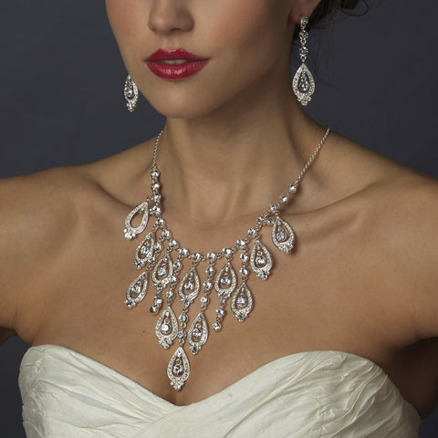 Silver Clear Statement Bridal Wedding Necklace Earring Set 71990