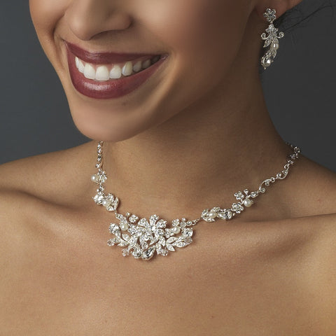 Glamorous Silver White Pearl Bridal Wedding Jewelry Set NE 7211