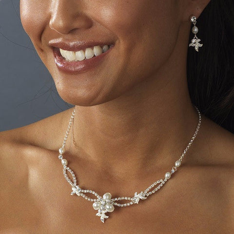 Lovely Silver Clear Rhinestone & White Pearl Bridal Wedding Necklace & Earring Set 7329