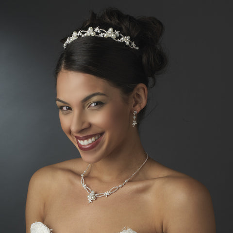 Lovely Silver Clear Rhinestone & White Pearl Jewelry 7329 & Bridal Wedding Headband 7808 Set