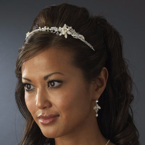 Floral Pearl Rhinestone Side Ornament Accented Bridal Wedding Headband - HP 13206