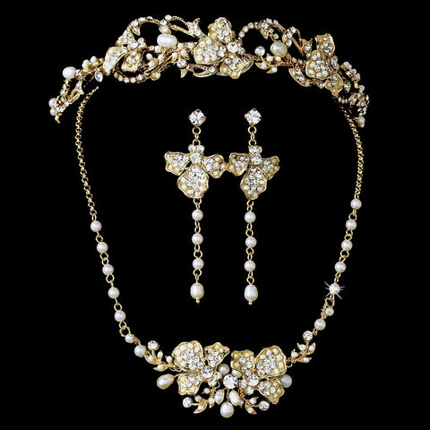 Freshwater Pearl & Crystal Gold Bridal Wedding Jewelry Set & Headband Set 7803