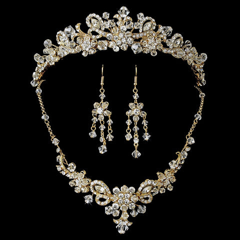Gold Swarovski Crystal Bridal Wedding Jewelry Set & Tiara Set 7821