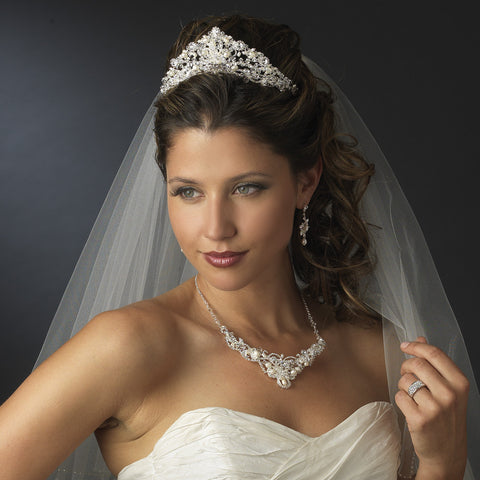 Silver Freshwater Pearl Jewelry & Bridal Wedding Tiara Set 7825