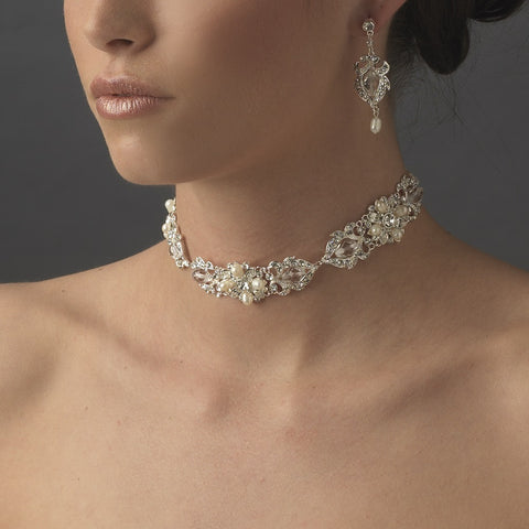 Bridal Wedding Necklace Earring Set NE 7844 Silver Ivory
