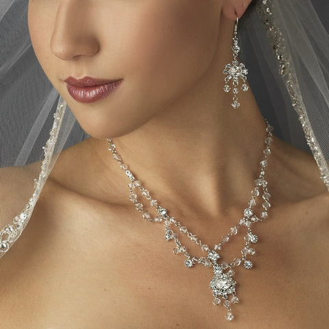 Antique Silver Clear Swarovski Crystal and Rhinestone Chandelier Tiered Bridal Wedding Jewelry Set 8009
