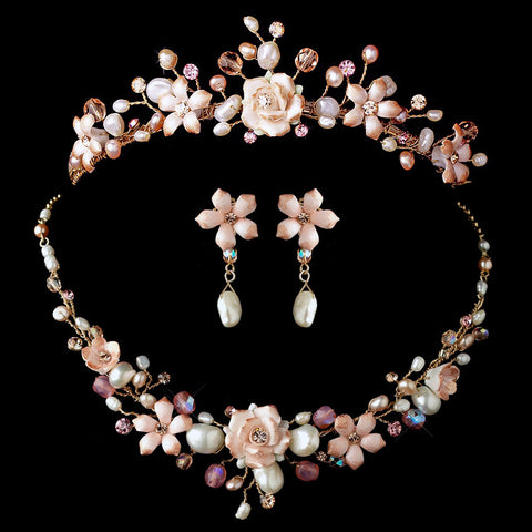 Gold Pink Crystal Bridal Wedding Jewelry Set & Tiara Set 8142