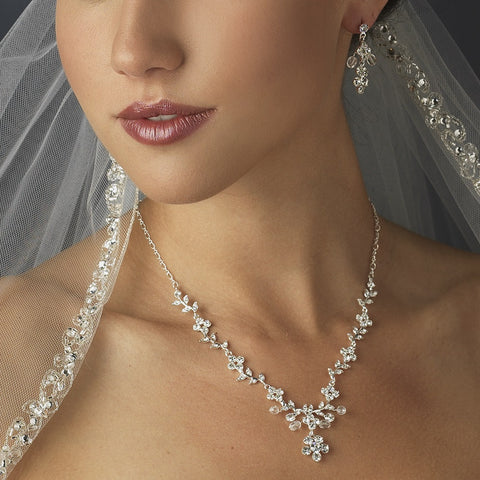Silver Clear Swarovski Crystal and Rhinestone Floral Bridal Wedding Jewelry Set 8219