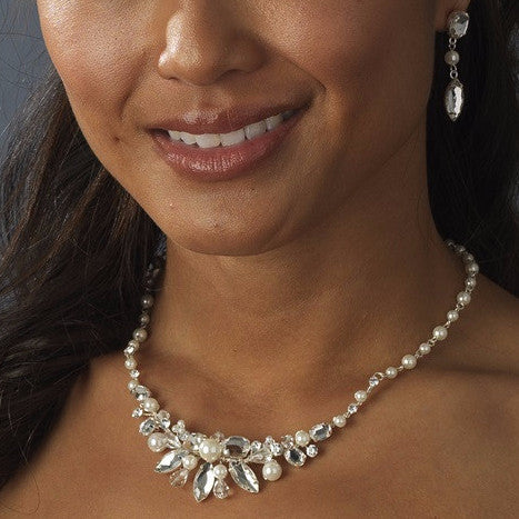 Silver Pearl Bridal Wedding Jewelry Set NE 8234
