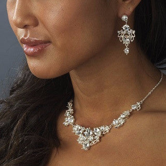 Silver Crystal Bridal Wedding Necklace Earring Set NE 8310