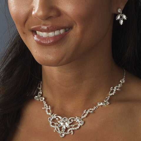 Silver & Clear Crystal Bridal Wedding Necklace Earring Bridal Wedding Jewelry Set NE 8312