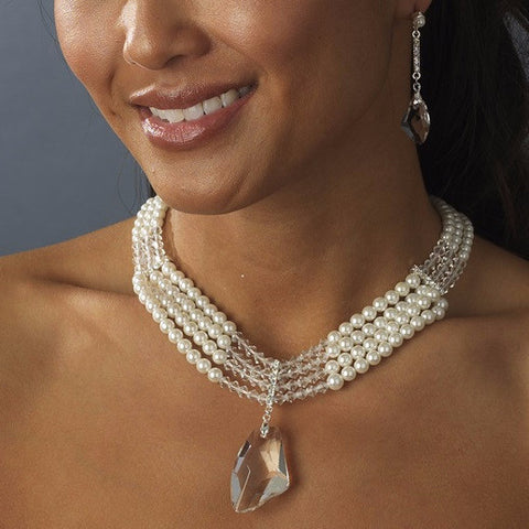 Silver Pearl and Swarovski Bridal Wedding Jewelry Set NE 8316