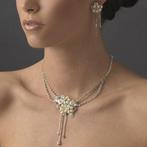 Bridal Wedding Necklace Earring Set 8395 Silver Ivory