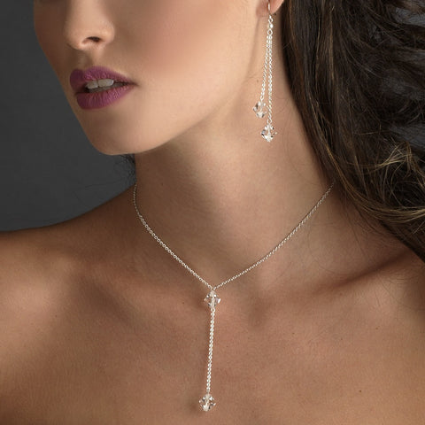 Silver Diamond White Pearl & Swarovski Crystal Bead Lariat Back Bridal Wedding Necklace 8432