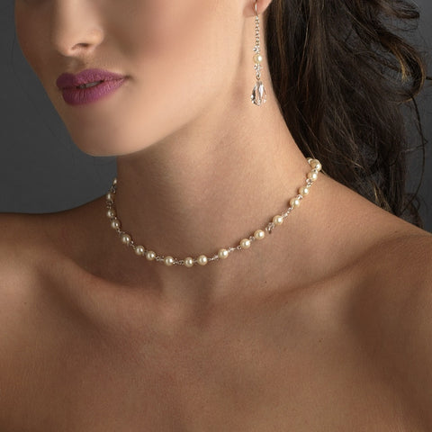 Silver Ivory Pearl Bridal Wedding Necklace Earring Set 8434